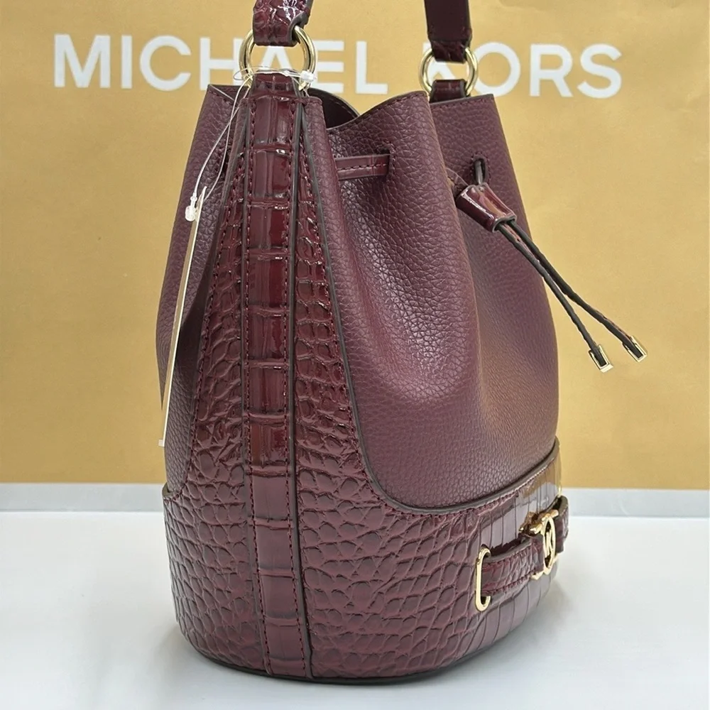 MICHAEL KORS  Reed Medium Pebbled Leather Bucket Bag Satchel Crossbody Oxblood